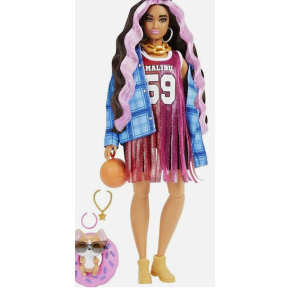 Barbie Extra Doll # 13 Basketball Jersey Dress Flannel Shirt and Pet NWT - Picture 5 of 9